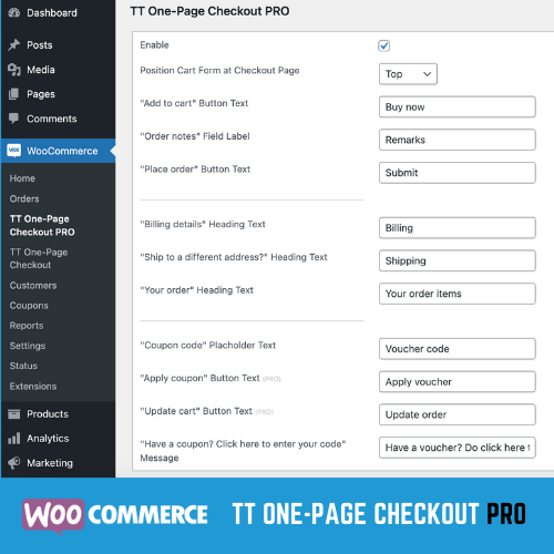 Screenshot Admin WooCommerce - One-Page Checkout options