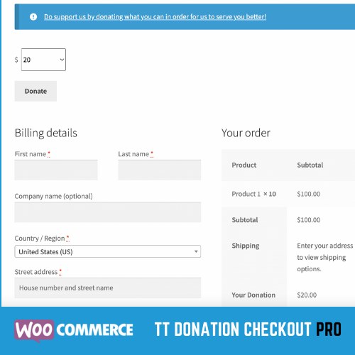 Screenshot Frontend WooCommerce - Checkout page with donation/tip entry